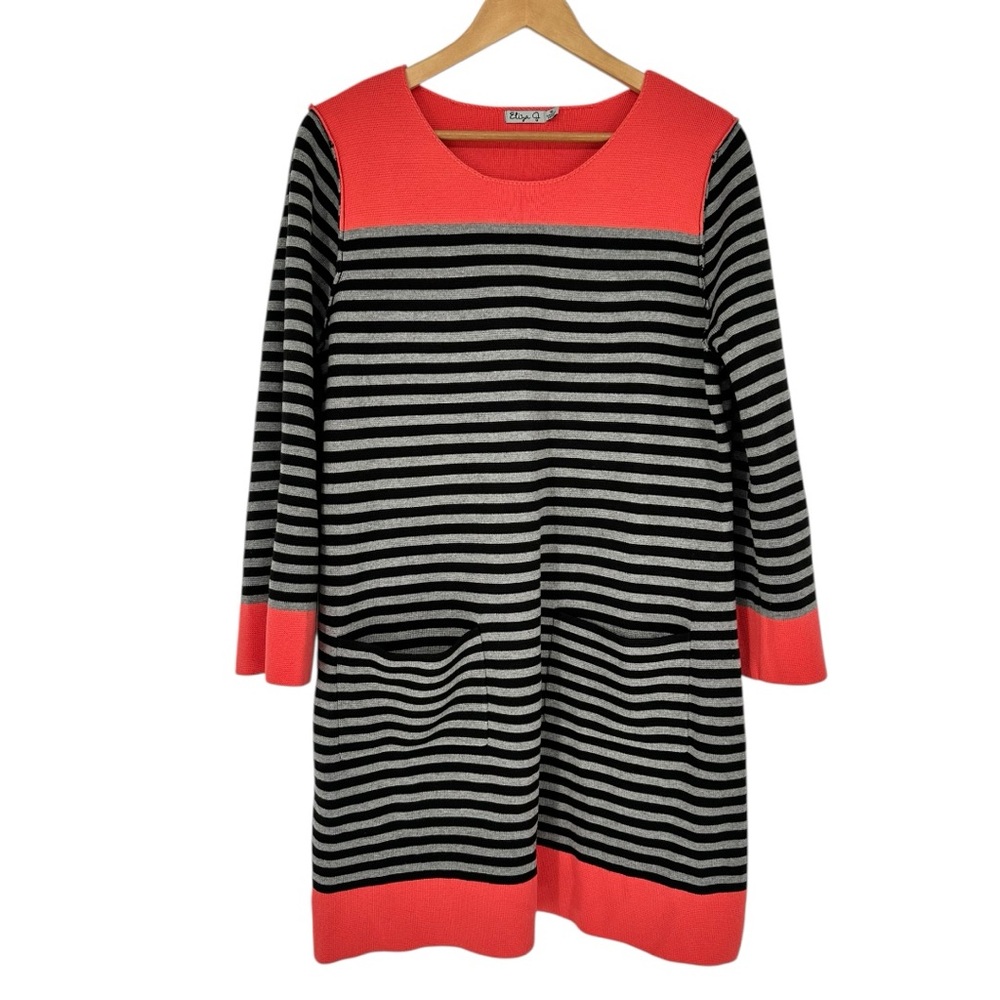 Eliza J Grey Black Striped Sweater Dress size 16 Coral Knit Contrast Pockets